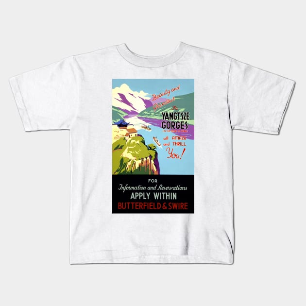 Vintage Travel Poster China The Yangtsze Gorges Kids T-Shirt by vintagetreasure